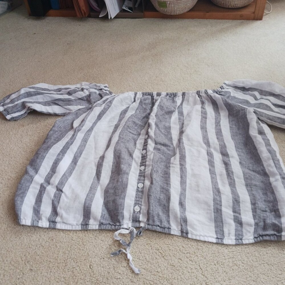 Island Company Linen Peasant Blouse, SIZE XL, Black and White Stripe